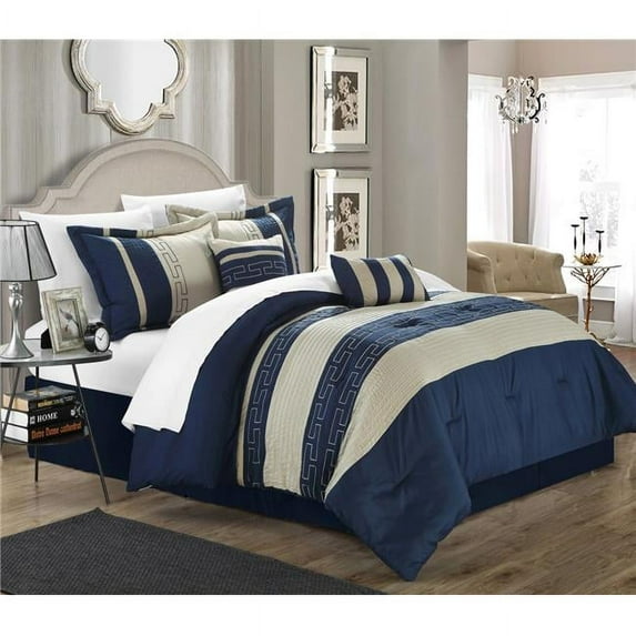 Chic Home CS2282 Alpine 10 Piece Embroidered Striped Color Block Pattern Comforter Set - Navy, Queen Size