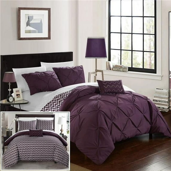 Chic Home CS2289-BIB-US Everly Pinch Pleated, Reversible Chevron Print Ruffled & Pleated Complete Bed in a Bag Comforter Set with Sheets - Purple - Full & Queen - 8 Piece