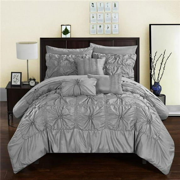 Chic Home CS3587-US Scofield Floral Pinch Pleat Ruffled Designer Embellished Bed in a Bag Comforter Set with Sheets - Grey - Queen - 10 Piece