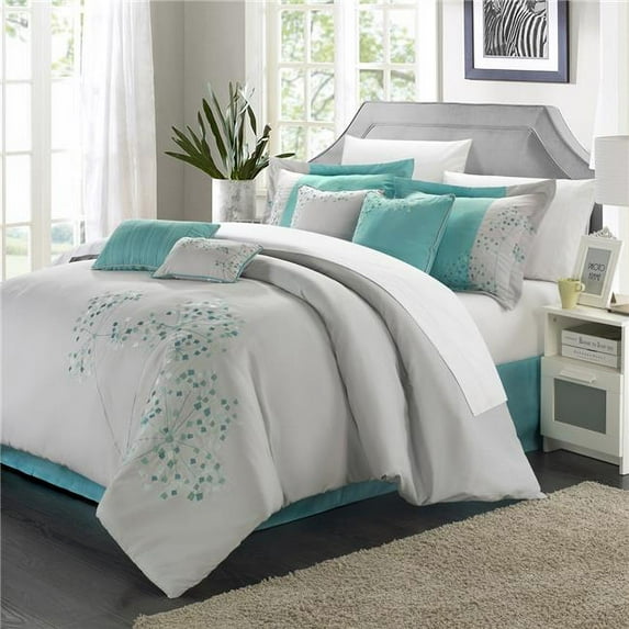 Chic Home CS3829 Allison 12 Piece Embroidered Floral Design Comforter Set - Gray & Turquoise, Queen Size