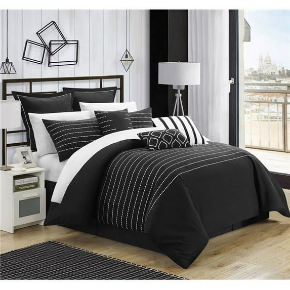 Chic Home CS3952-US Paddington Super Rich Microfiber Stitch Embroidered Comforter Set - Black - King - 9 Piece