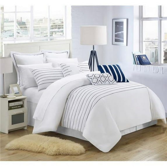 Chic Home CS3960-US Paddington Super Rich Microfiber Stitch Embroidered Comforter Set - White - Queen - 9 Piece