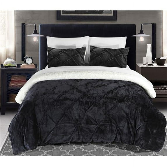 Chic Home CS5068-US Bing 7 Piece Comforter Ultra Plush Micro Mink Pinch Pleated Ruffled Pintuck Sherpa Lined Bedding Set, Black - Queen