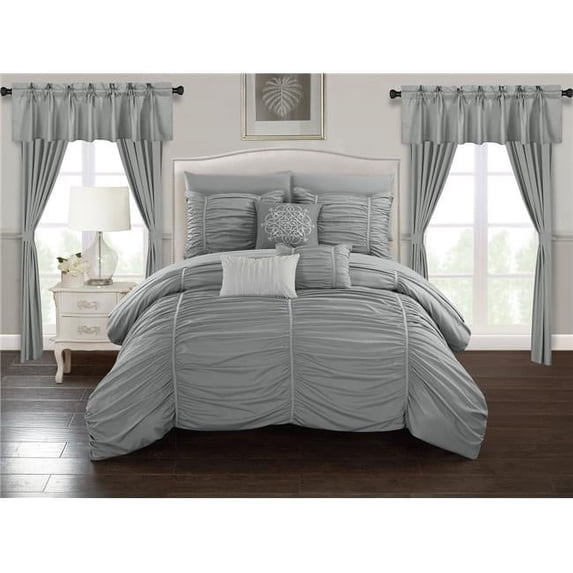 Chic Home CS8082-US 20 Piece Oviedo Comforter Set Ruffled Ruched Designer Bed in A Bag Bedding with Sheets Window & Treatments, Grey - Queen