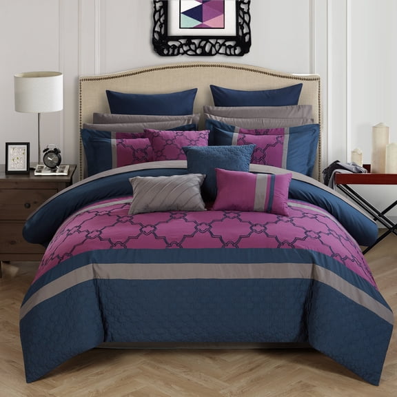 Chic Home Casper 16-Piece Embroidered Comforter Set, King, Navy