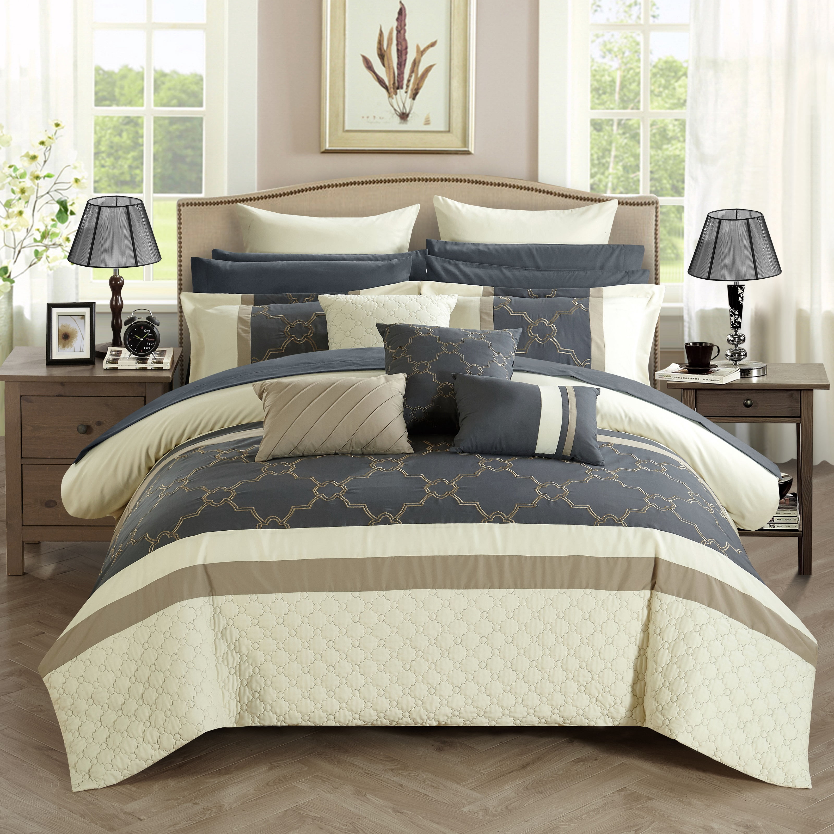 Chic Home Casper 16-Piece Embroidered Comforter Set, Queen, Beige