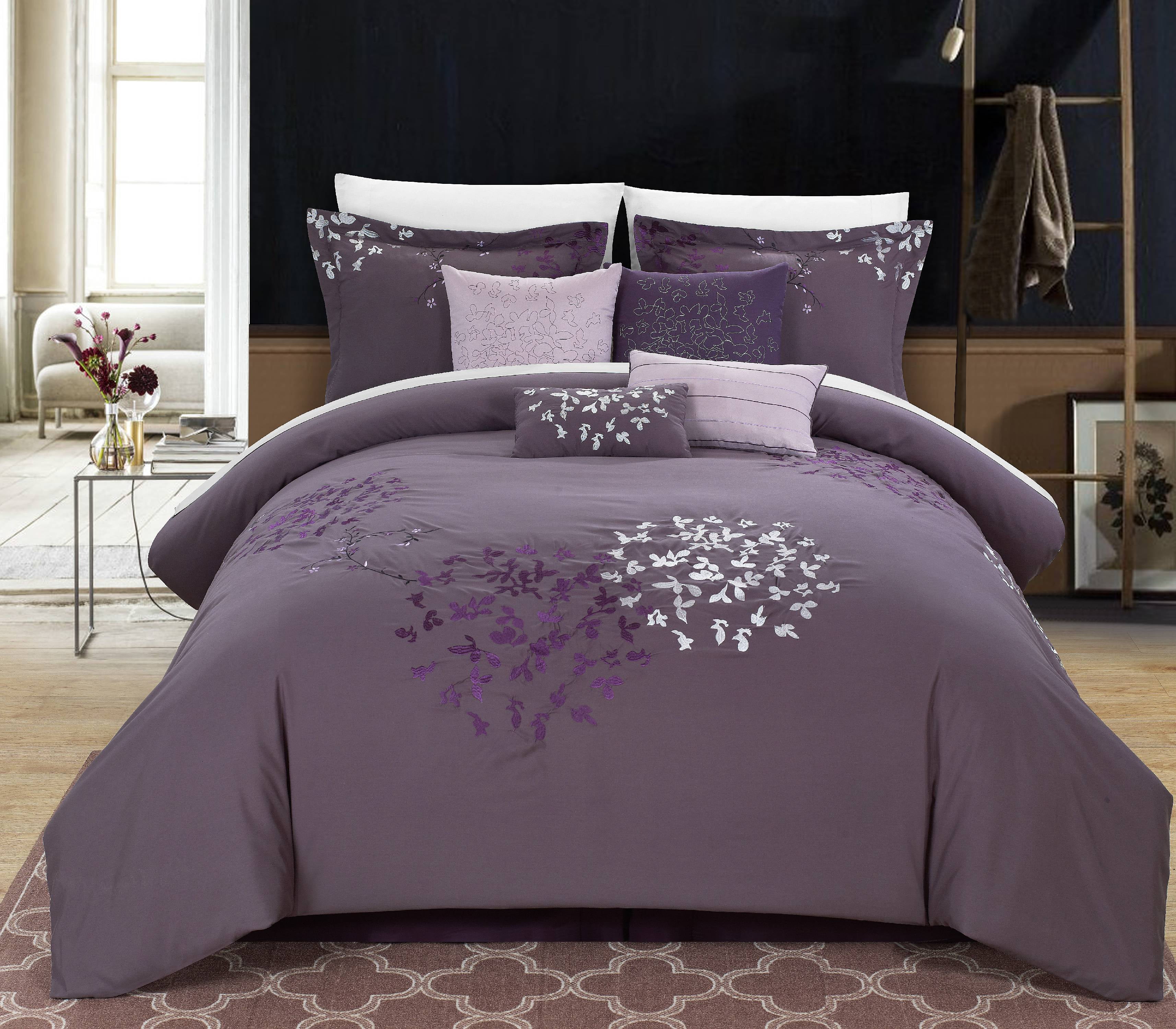 Chic Home Chelsia 8Piece Floral Embroidered Comforter Set, Plum, King