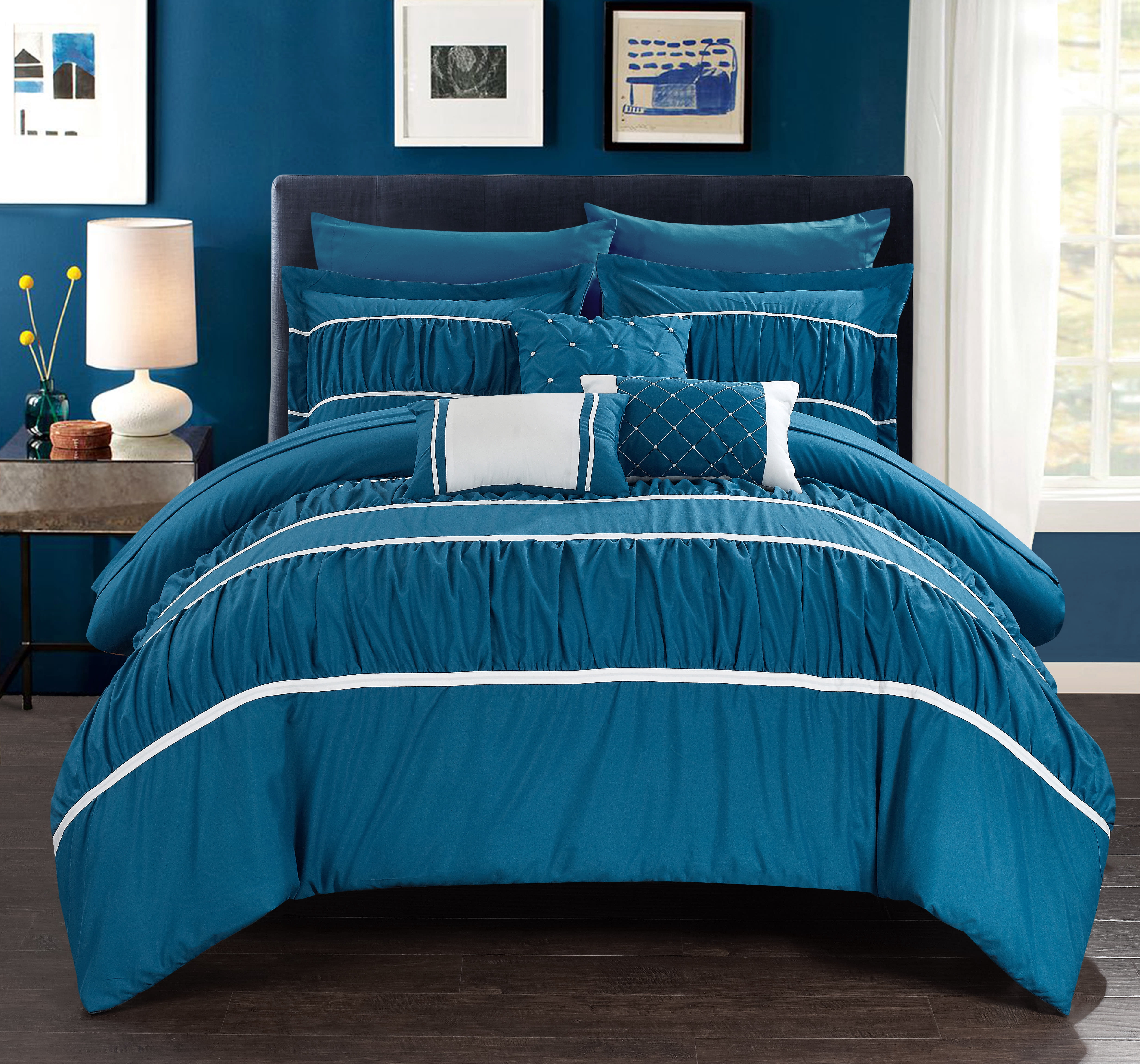 Chic Home Cheryl 10 Piece Comforter Set Complete Bed in a Bag Pleated Ruched Ruffled Bedding with Sheet Set And Decorative Pillows Shams Included, King Teal
