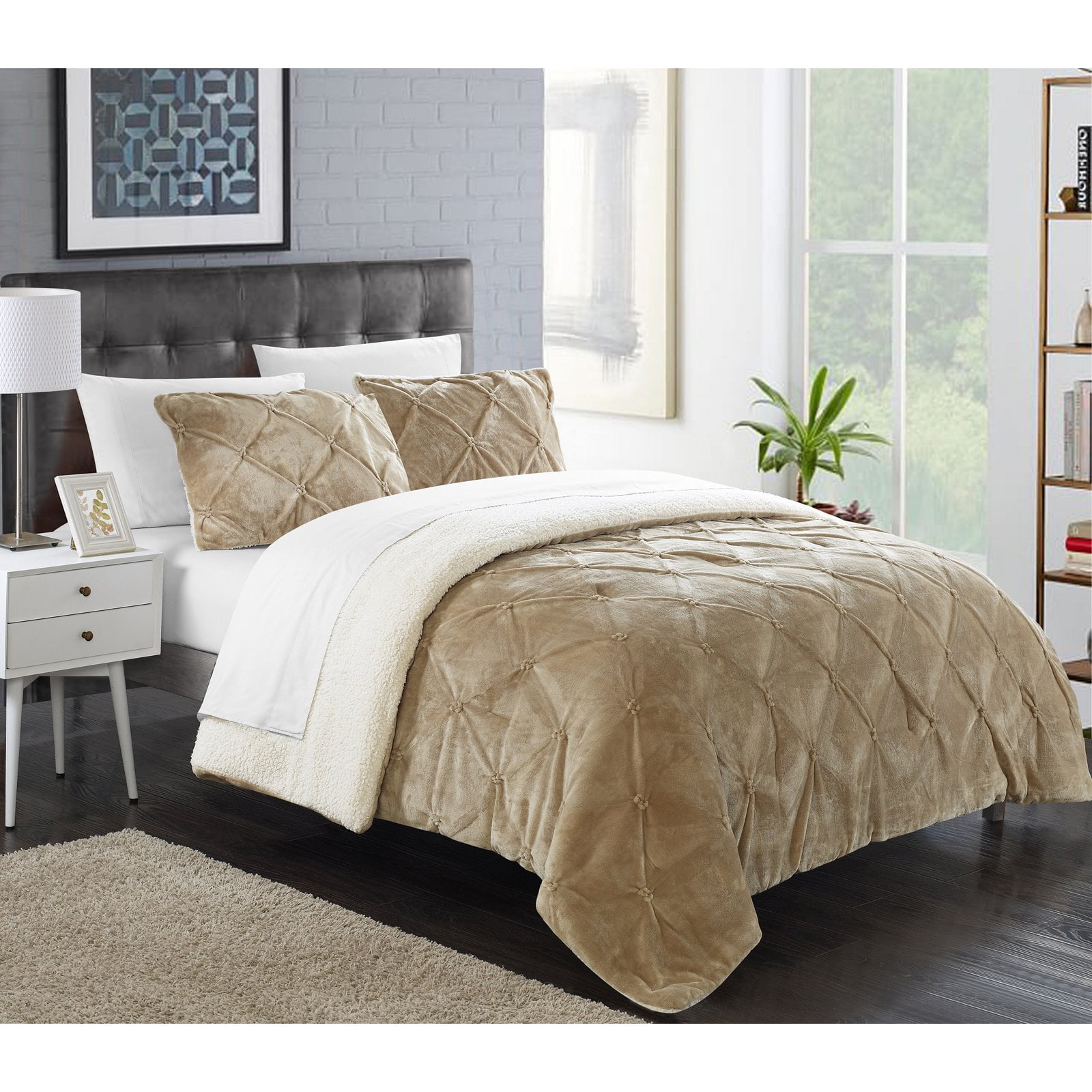 Chic Home Chiara 7 Piece Pintuck Sherpa Lined Comforter Set King Beige