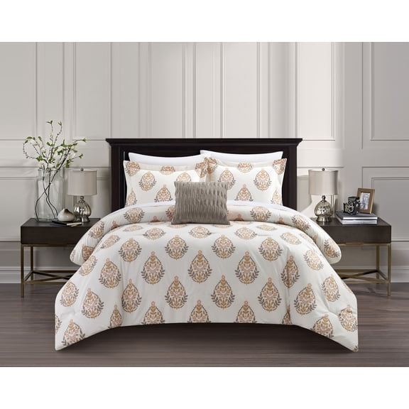Chic Home Clarissa 6 Piece Comforter Set Floral Medallion Print Design Bed In A Bag Bedding - Sheets Pillowcase Decorative Pillow Sham Included, Twin, Cream
