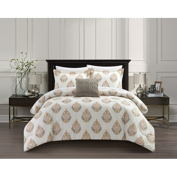 Chic Home Claudia 8-Piece Geometric Floral Medallion Comforter Set, Queen, Cream