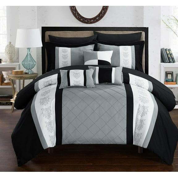 Chic Home Clayton 10 Piece Comforter Set Pintuck Pieced Block Embroidery Bed in a Bag with Sheet Set, Queen Black White