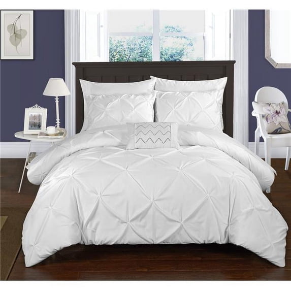 Chic Home DS2448-US 4 Piece Yvonne Duvet Ruffled Pinch Pleat Design Cover Set, White - Queen