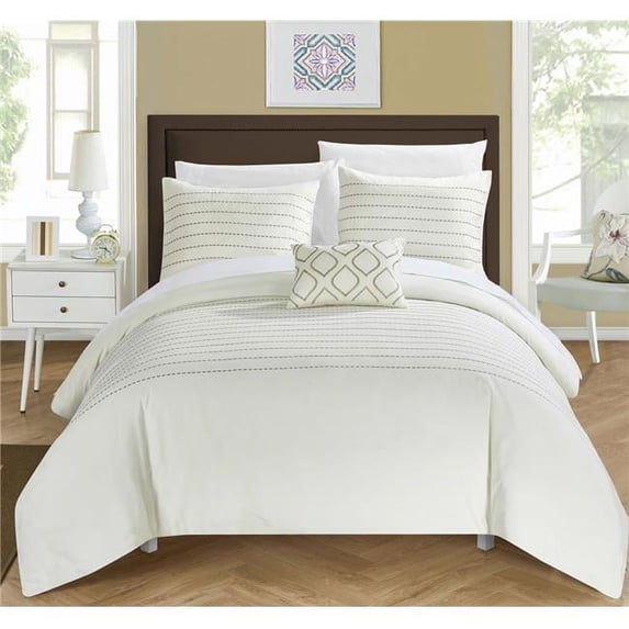 Chic Home DS4016-US 4 Piece Khalil Super Soft Microfiber Stitch Embroidered King Duvet Cover Set, Beige Shams & Decorative Pillow