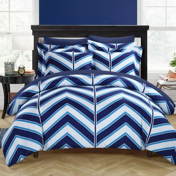 Chic Home Dallas 3-Piece Reversible Chevron Duvet Cover Set, Queen, Navy