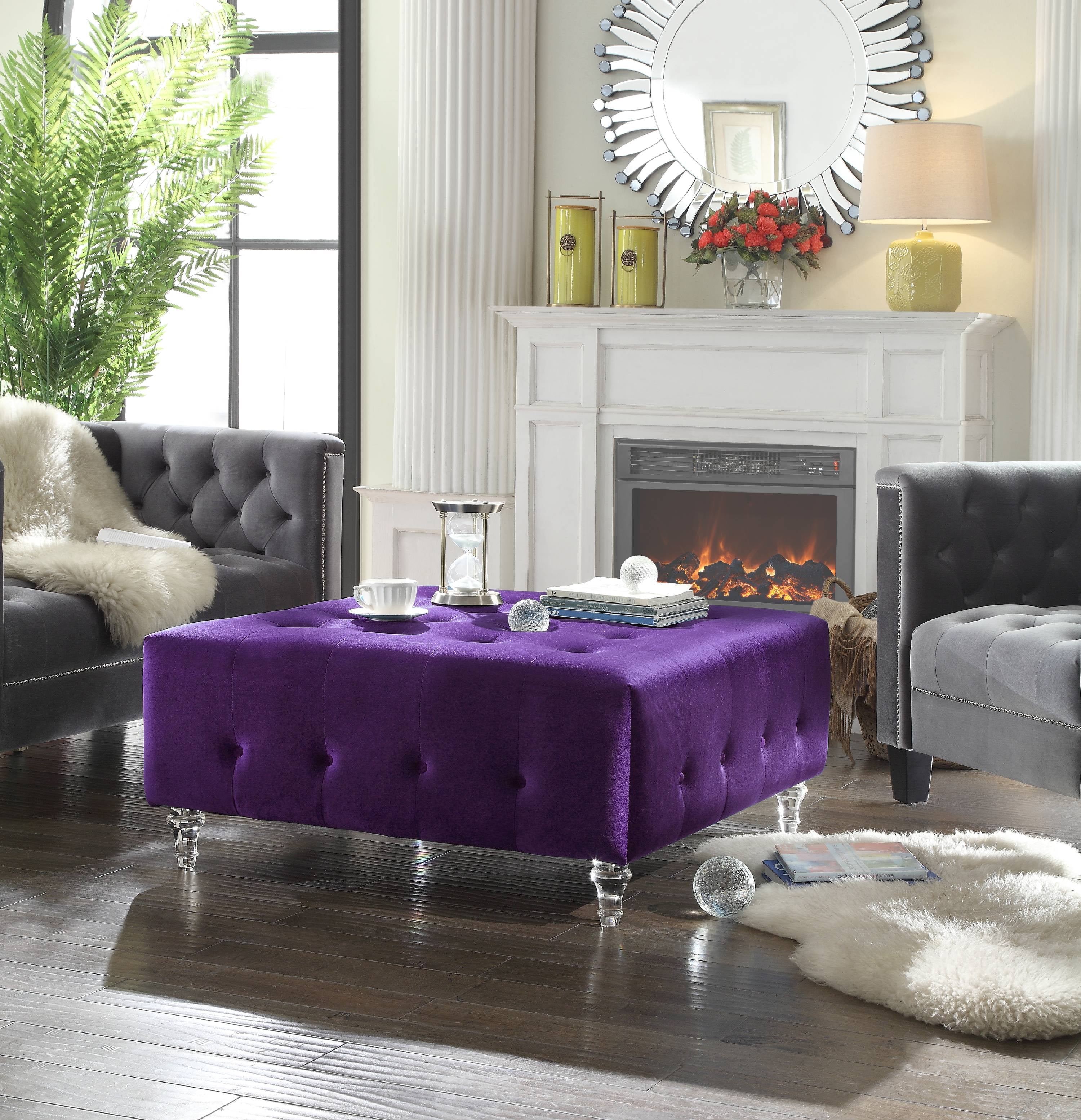 Chic Home Derek Tufted Velvet Coffee Table Ottoman Acrylic Legs Square Cushion Bench Purple