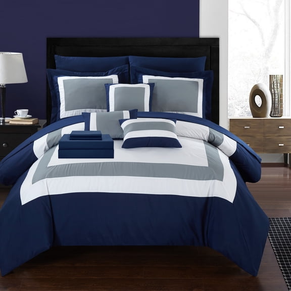 Chic Home Duke 10 Piece Comforter Set Complete Bed in a Bag Pieced Color Block Patterned Bedding with Sheet Set and Decorative Pillows Shams Included, Queen Navy