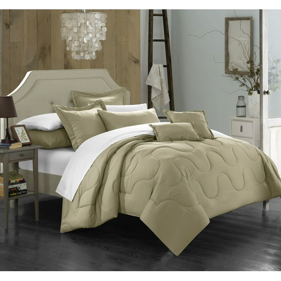 Chic Home Direllei 8-Piece Solid Color Comforter Set, Twin X-Long, Taupe