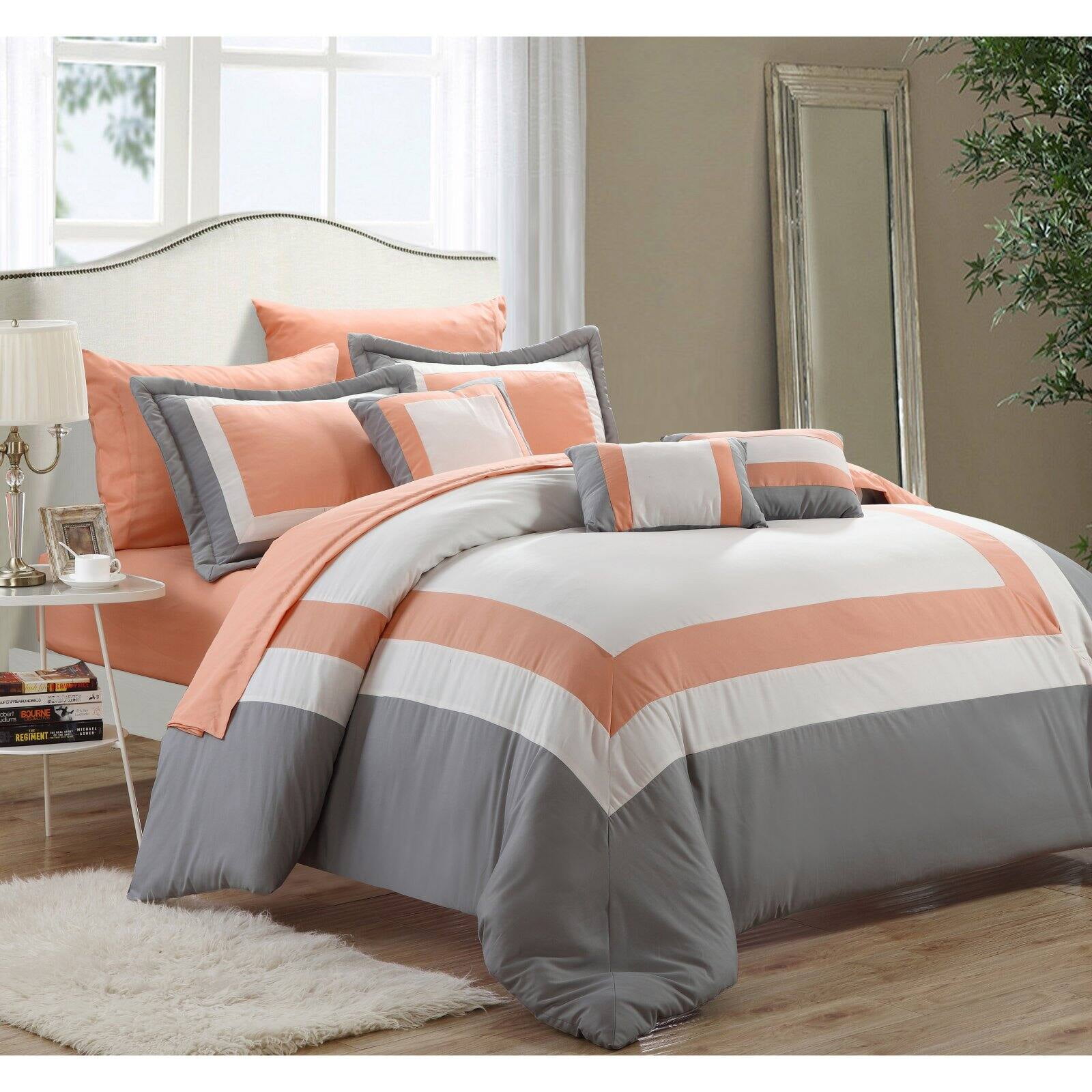 Peach and Gray Queen Microfiber Bed in a Bag Set