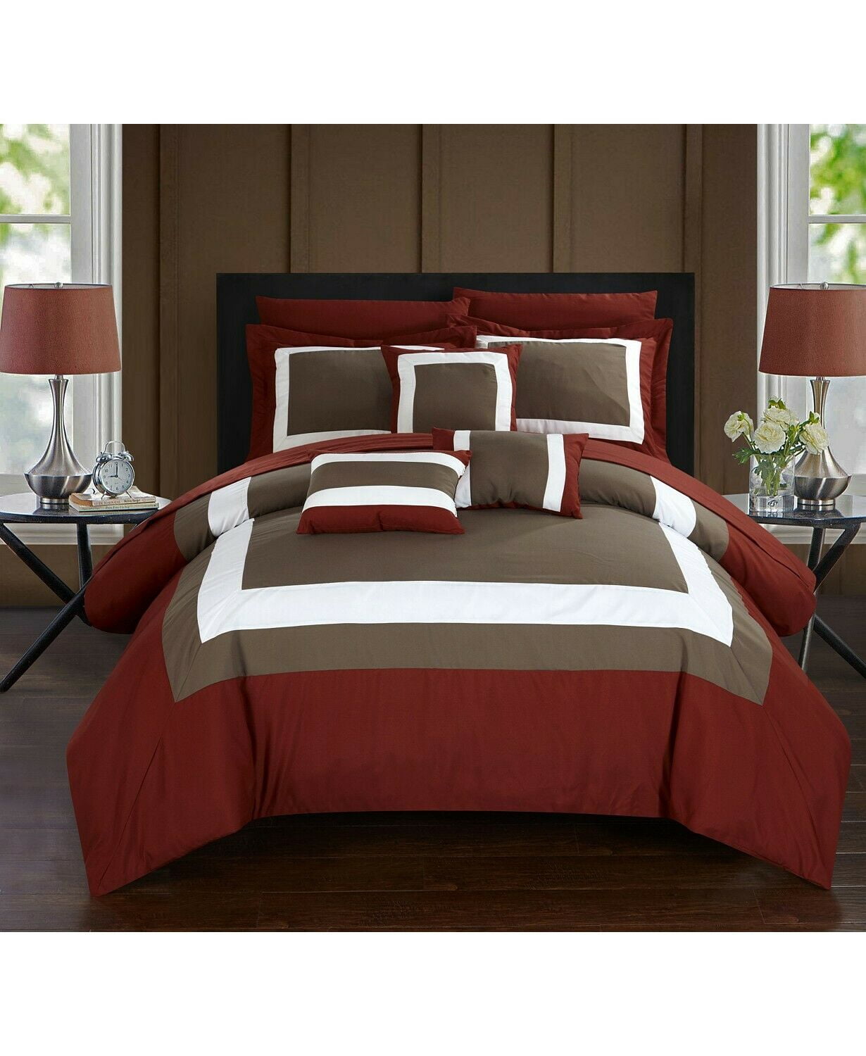 Chic Home Duke 10 Piece Comforter Set Complete Bed in a Bag Pieced Color Block Patterned Bedding with Sheet Set and Decorative Pillows Shams Included, Queen Brick Red