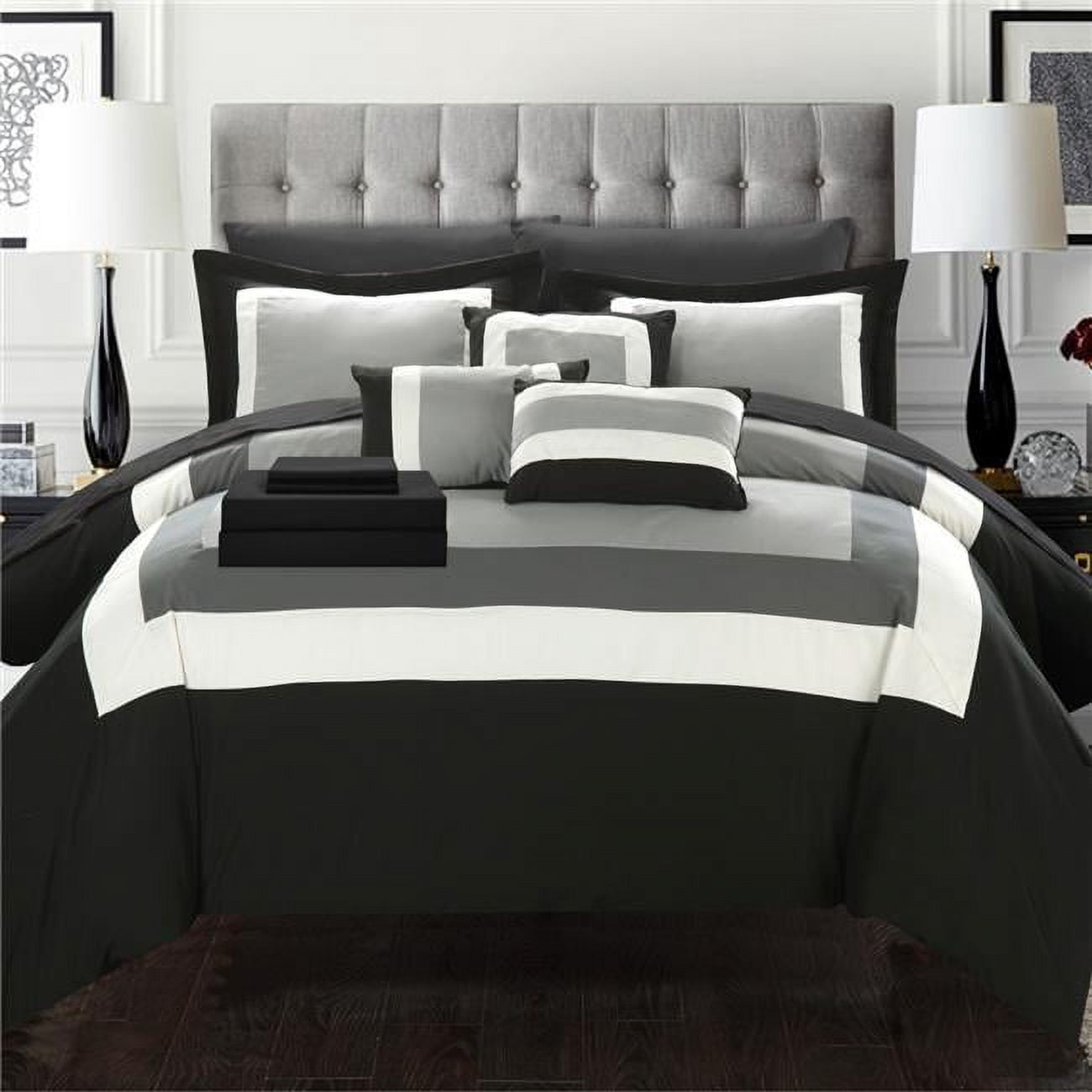 Chic Home  Duke Pieced Color Block Bed in a Bag Comforter Set with Sheets - Black - King - 10 Piece