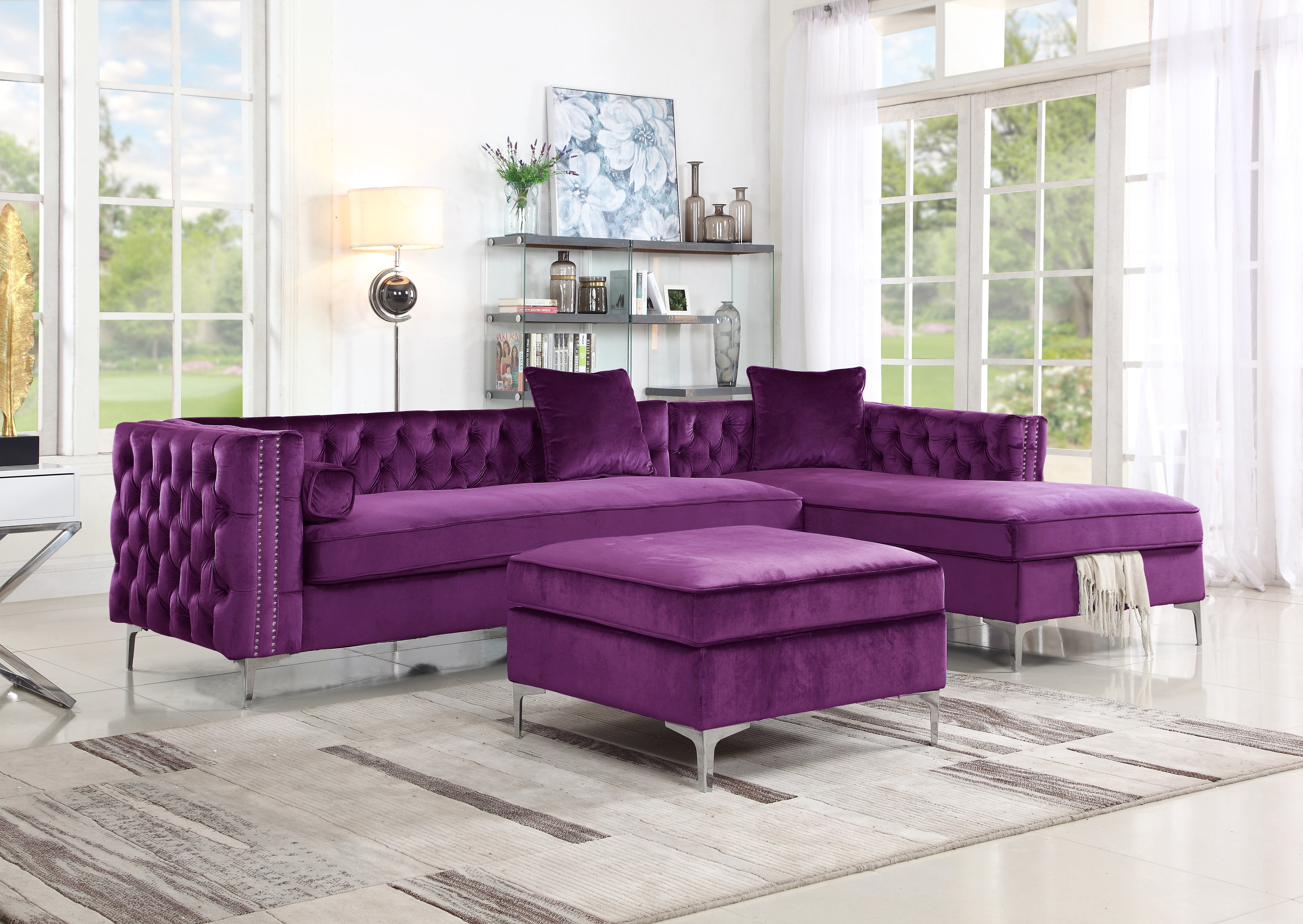 Chic Home Eliott Modern Contemporary Velvet Square Storage Ottoman, Plum
