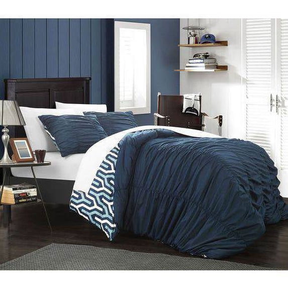 Chic Home Elisha 7-Piece Reversible Pleated Duvet Cover Set, Queen, Navy