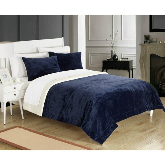 Chic Home Ernest 3-Piece Novelty Sherpa Micro plush Blanket Set, King, Navy