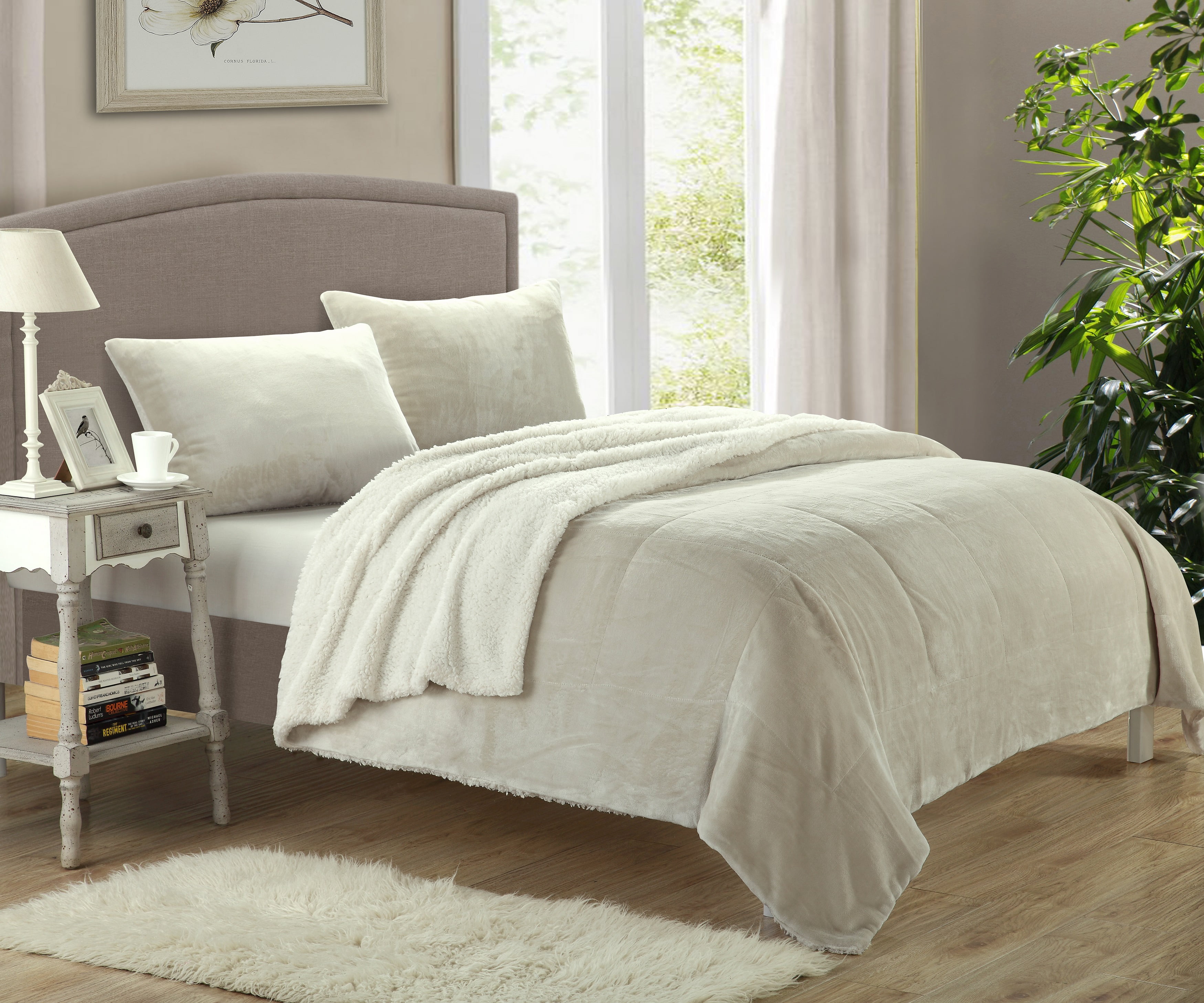 Chic Home Ernest 3 Piece Novelty Sherpa Micro plush Blanket Set Queen Beige