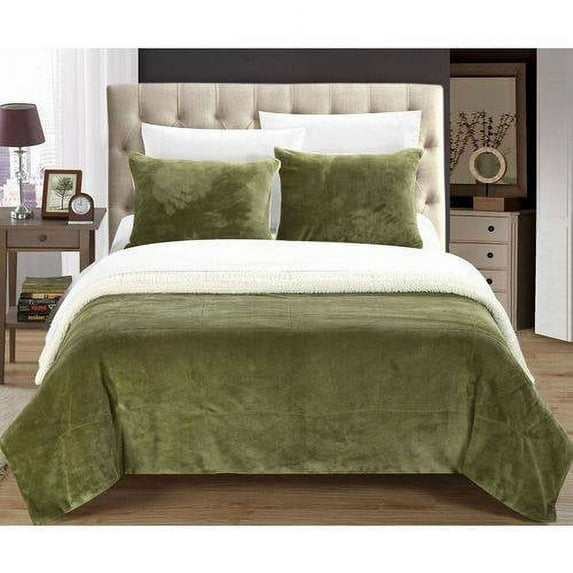 Chic Home Ernest 3-Piece Novelty Sherpa Micro plush Blanket Set, Queen, Green