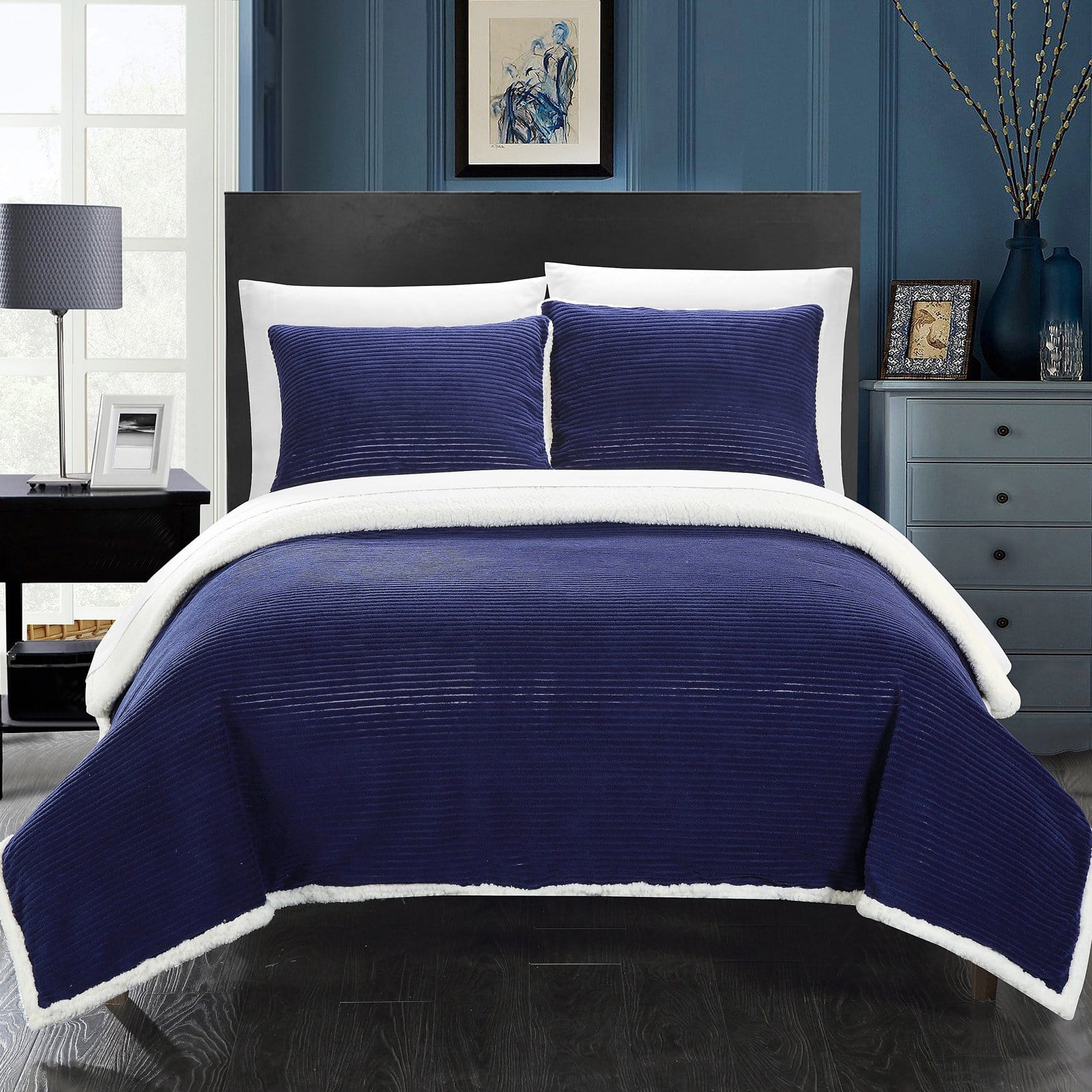 Chic Home Estonia 3Piece Stripe Sherpa Micro plush Blanket, King, Navy
