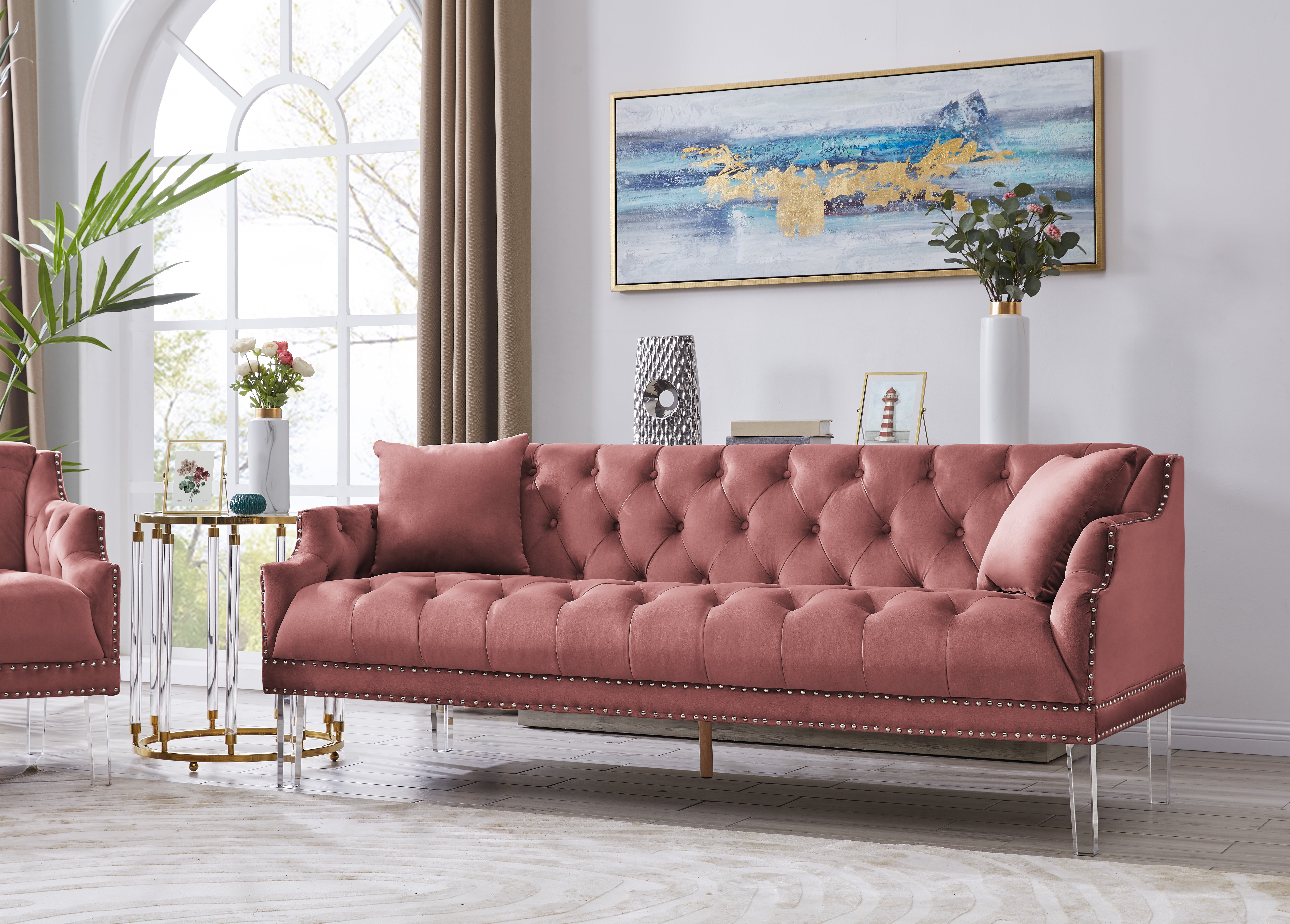 Chic Home EVA Button Tufted Acrylic Legs Velvet Upholstered Sofa