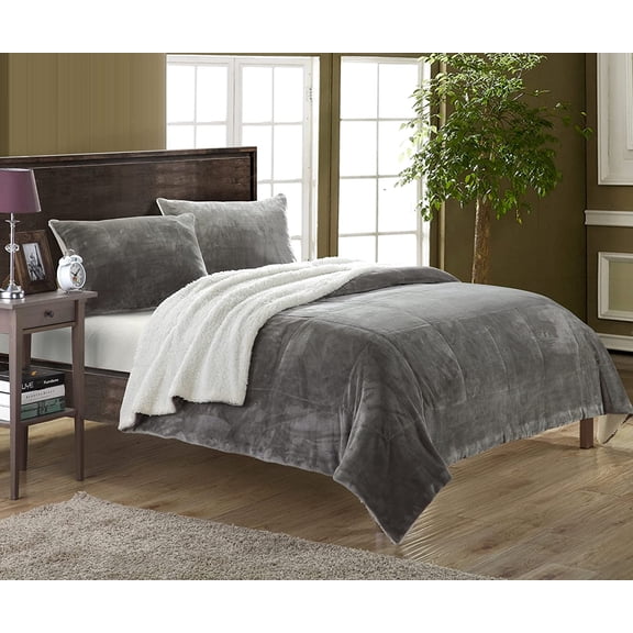 Chic Home Evie 2 Piece Blanket Set Soft Sherpa Lined Microplush Faux Mink with Sham, Twin XL Grey