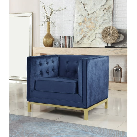 Chic Home Evie Accent Club Chair Sleek Elegant Tufted Velvet Plush Cushion Brass Finished Stainless Steel Brushed Metal Frame, Modern Contemporary, Navy