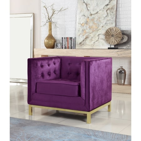 Chic Home Evie Accent Club Chair Sleek Elegant Tufted Velvet Plush Cushion Brass Finished Stainless Steel Brushed Metal Frame, Modern Contemporary, Purple