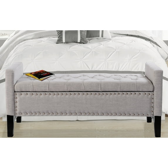 Chic Home Federick Linen Modern Contemporary Button Tufted with Silver Nail heads Deco on Frame Storage Lid can stop at any position Bench, Light Grey