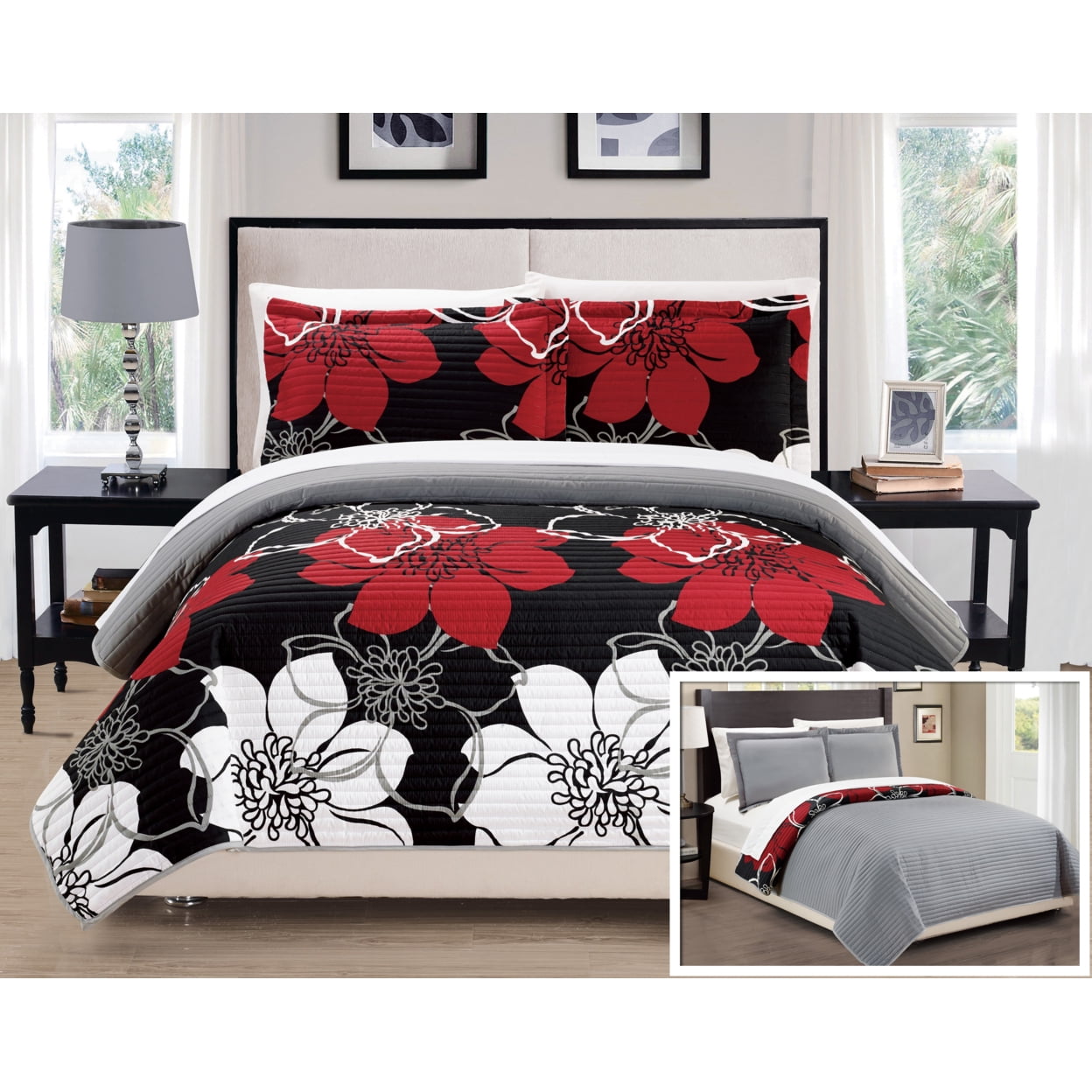 Queen Yellow and Black Microfiber Reversible Floral Quilt Set