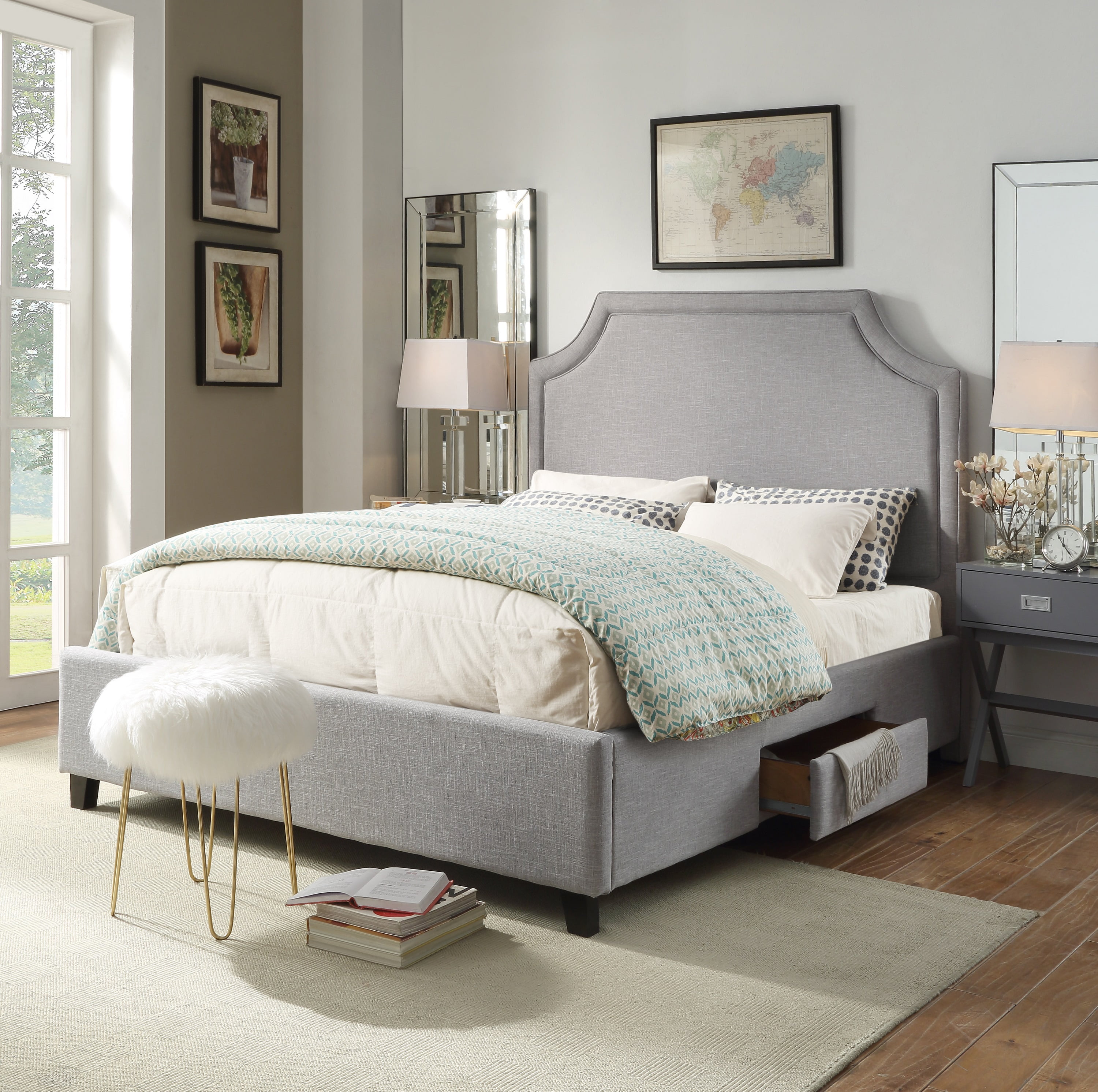 Chic Home Francis Platform Bed Frame with Headboard and Hidden Storage Drawers Linen Upholstered Queen Light Grey