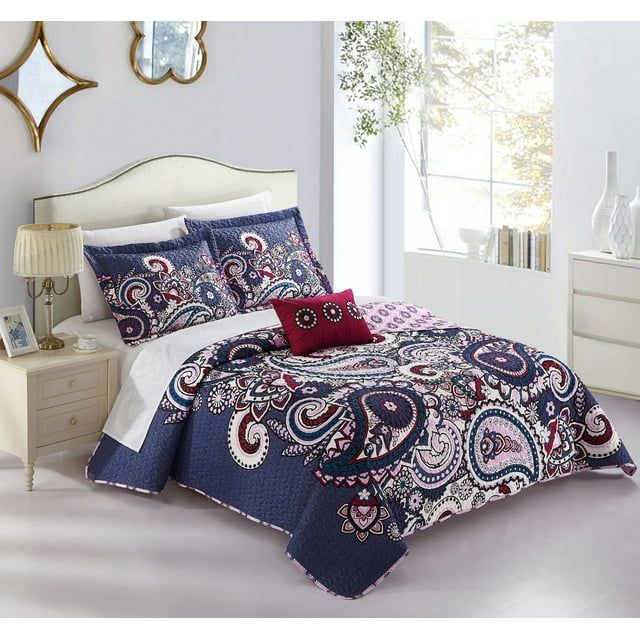 Chic Home Gaara 4 Piece Reversible Quilt Cover Set Bohemian Inspired Large Scale Paisley Print with Contemporary Geometric Patterned Backing Bedding with Decorative Pillows Shams, Queen Blue