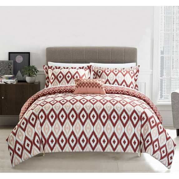 Chic Home Gabi 4-Piece Reversible Geometric Duvet Cover Set, Queen, Brick