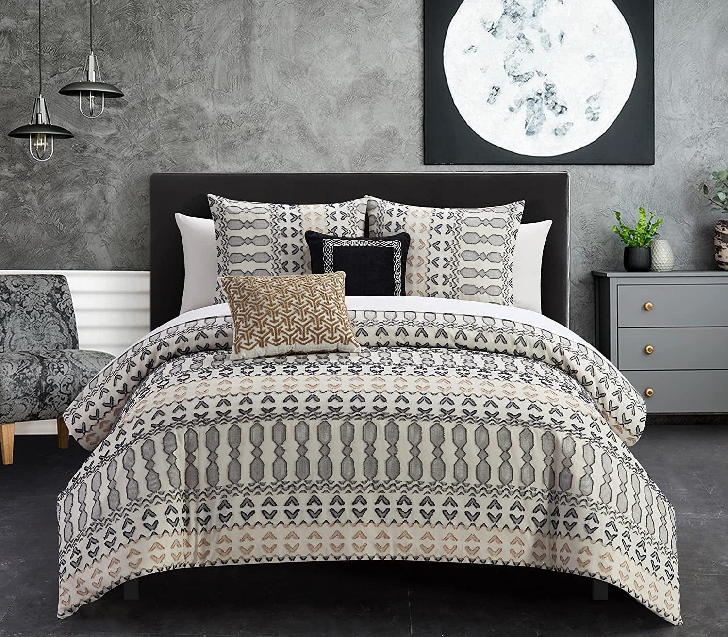 Gabriella Beige Cotton Queen Comforter Set with Geometric Pattern