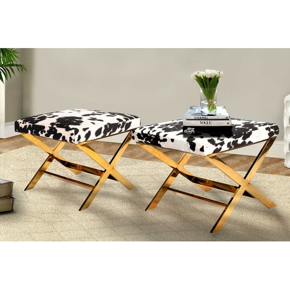Chic Home Henry Velvet Faux Cow Fur Modern Contemporary Fur imitation cow hide X-leg Ottoman, Udder Madness Black