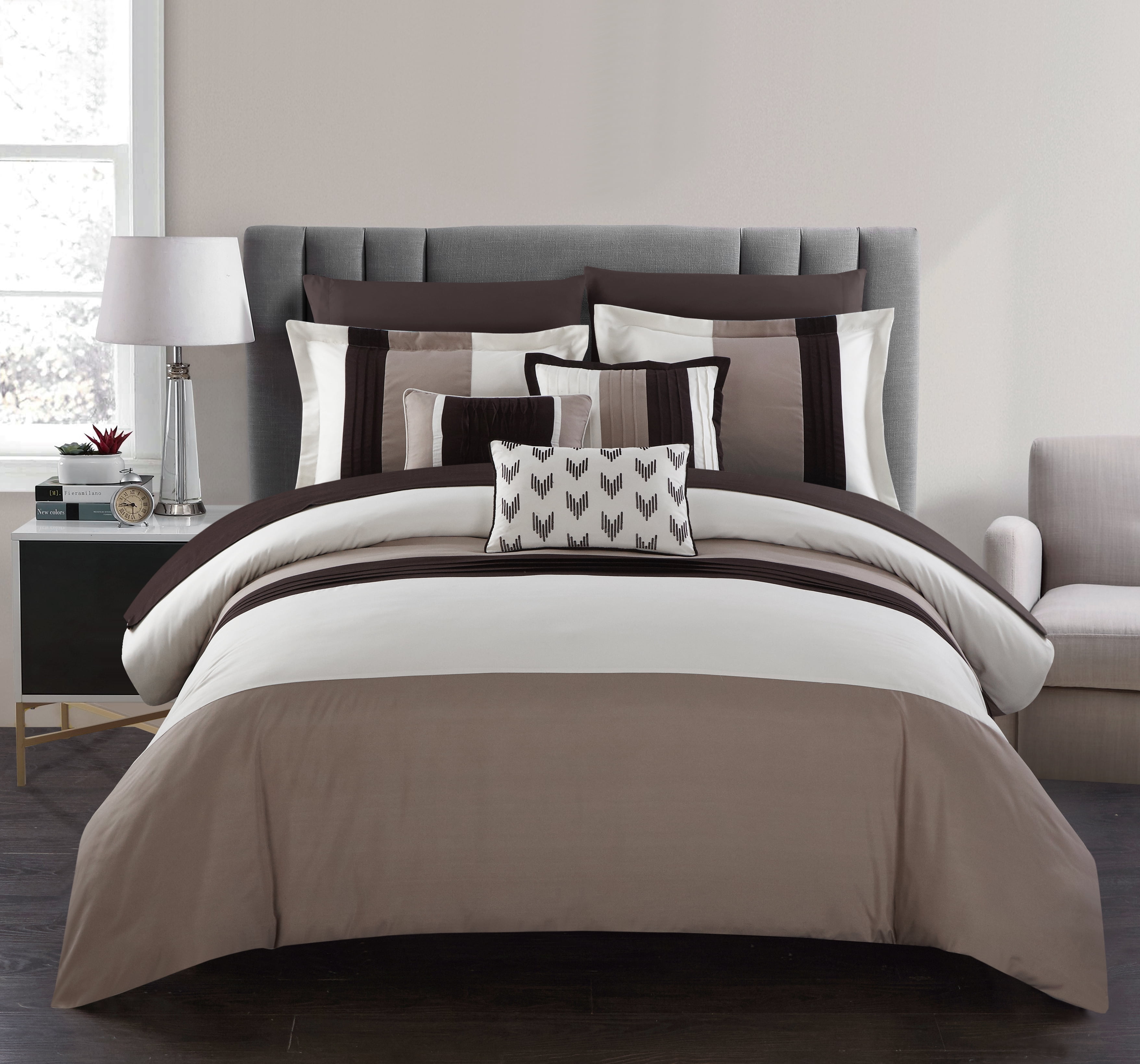 Chic Home Hester 10 Piece Color Block Comforter Set Queen Beige