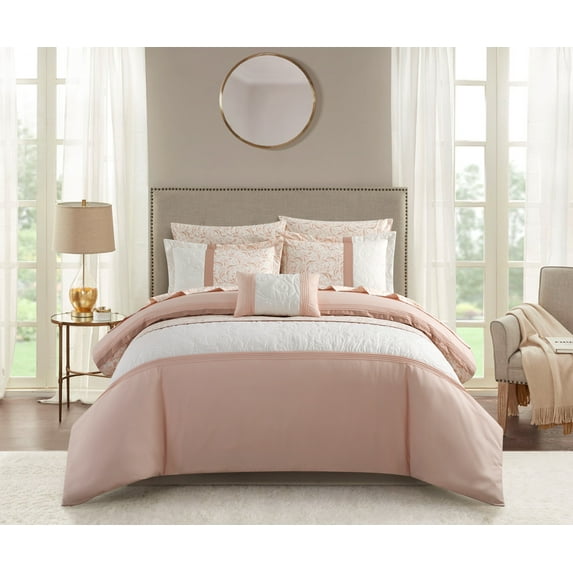 Chic Home Ira 8-Piece Color Block Comforter Set, Queen, Blush
