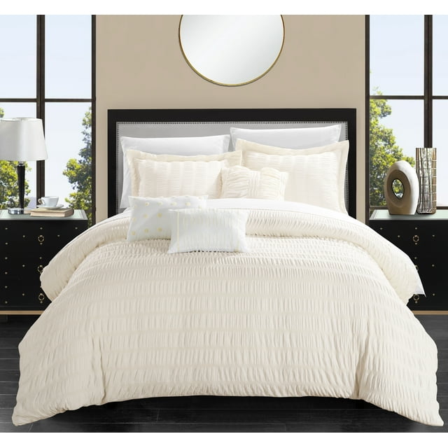 Chic Home Jayrine 8-Piece Striped Ruched Comforter Set, Twin X-Long, Beige