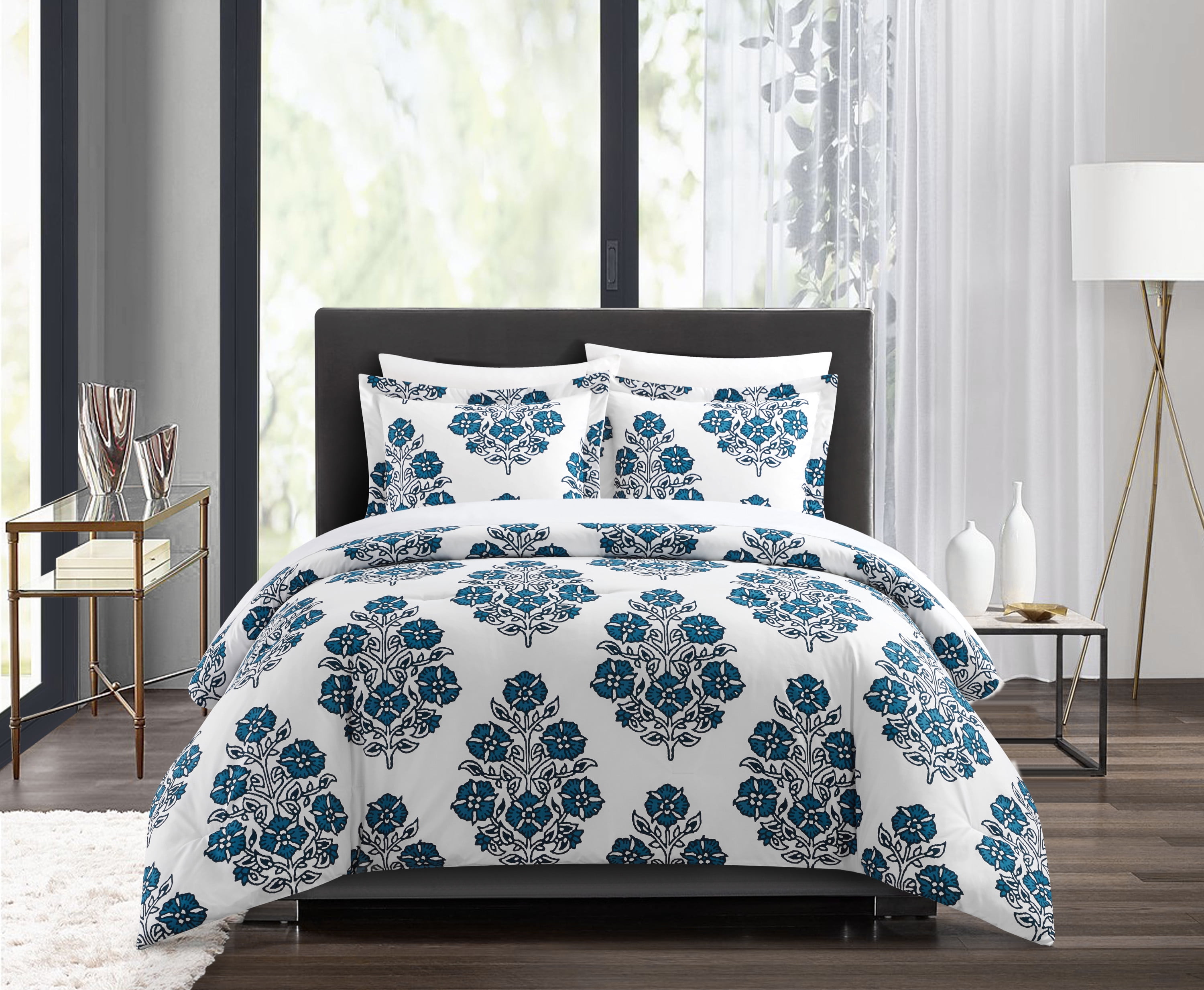 Chic Home Jazlyn 7-Piece Floral Medallion Bed In a Bag Duvet Cover Set, King, Blue