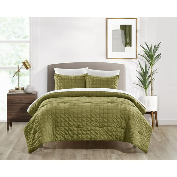 Chic Home Jessa Comforter Set Washed Garment Technique Geometric Square Tile Pattern Bed In A Bag Bedding - Sheets Pillowcase Pillow Sham Included - 5 Piece - Twin 68x90", Green