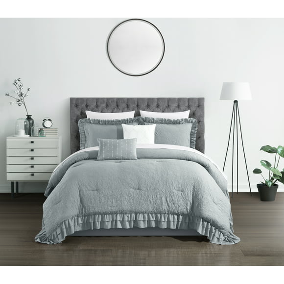Chic Home Kaci 5-Piece Solid Color Ruffled Comforter Set, Queen, Gray