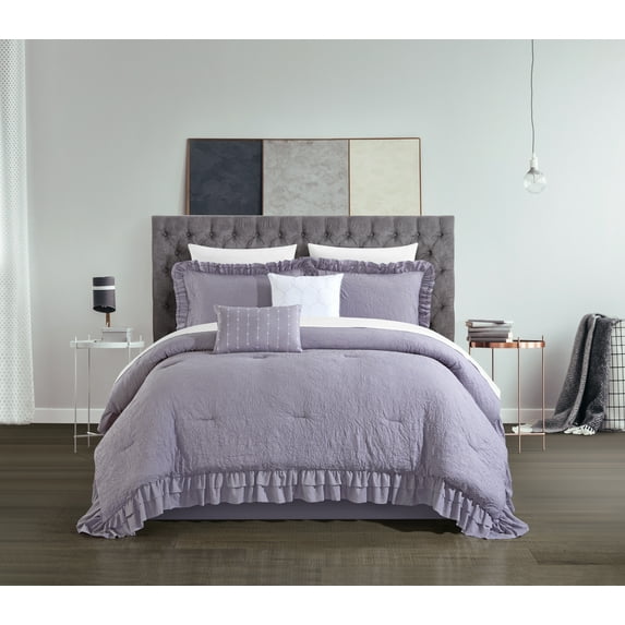 Chic Home Kaci 9-Piece Solid Color Ruffled Comforter Set, Queen, Lavender