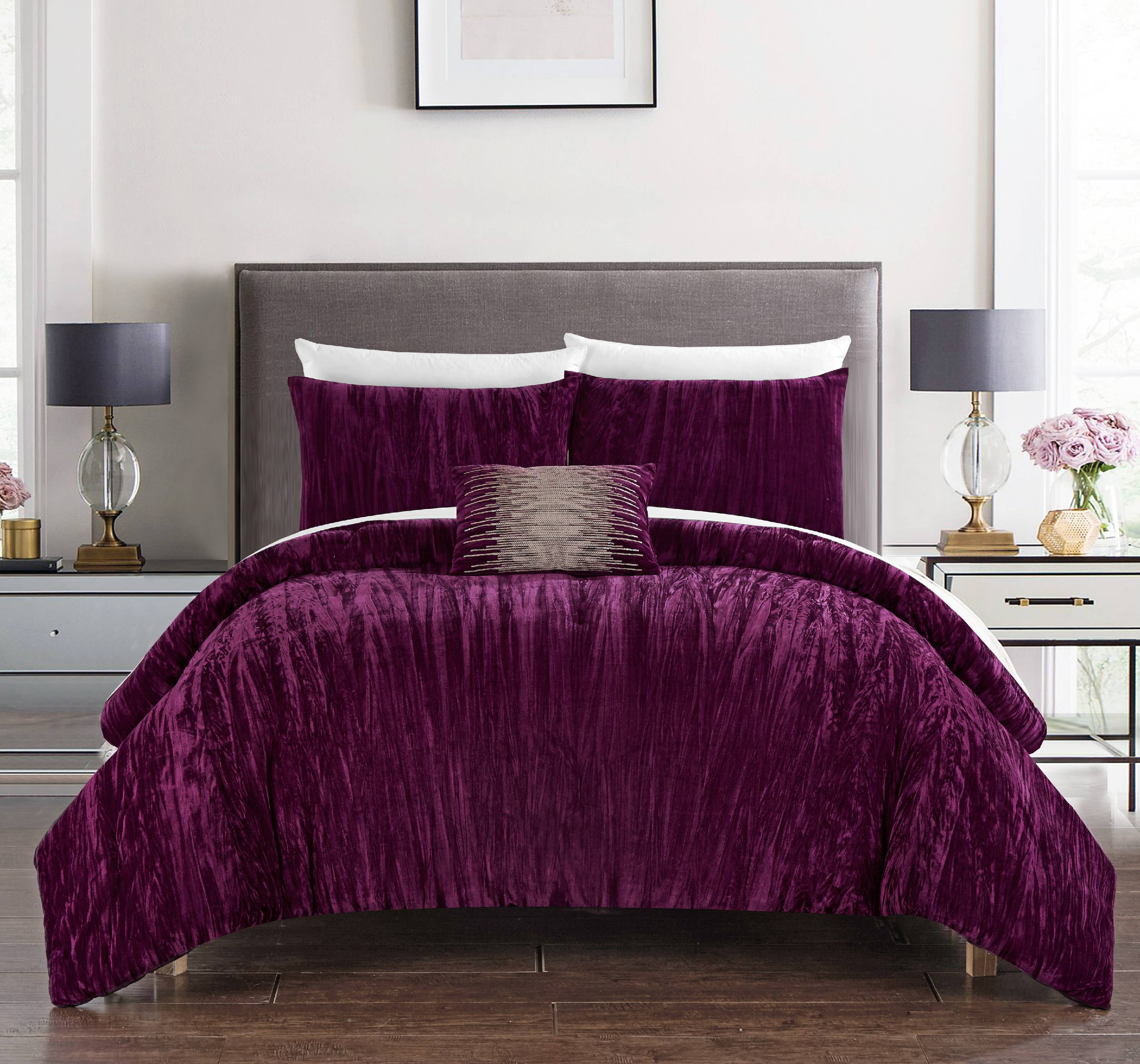 Chic Home Kerk 4Piece Novelty Crinked Crushed Velvet Heathered Comforter Set,King, Plum